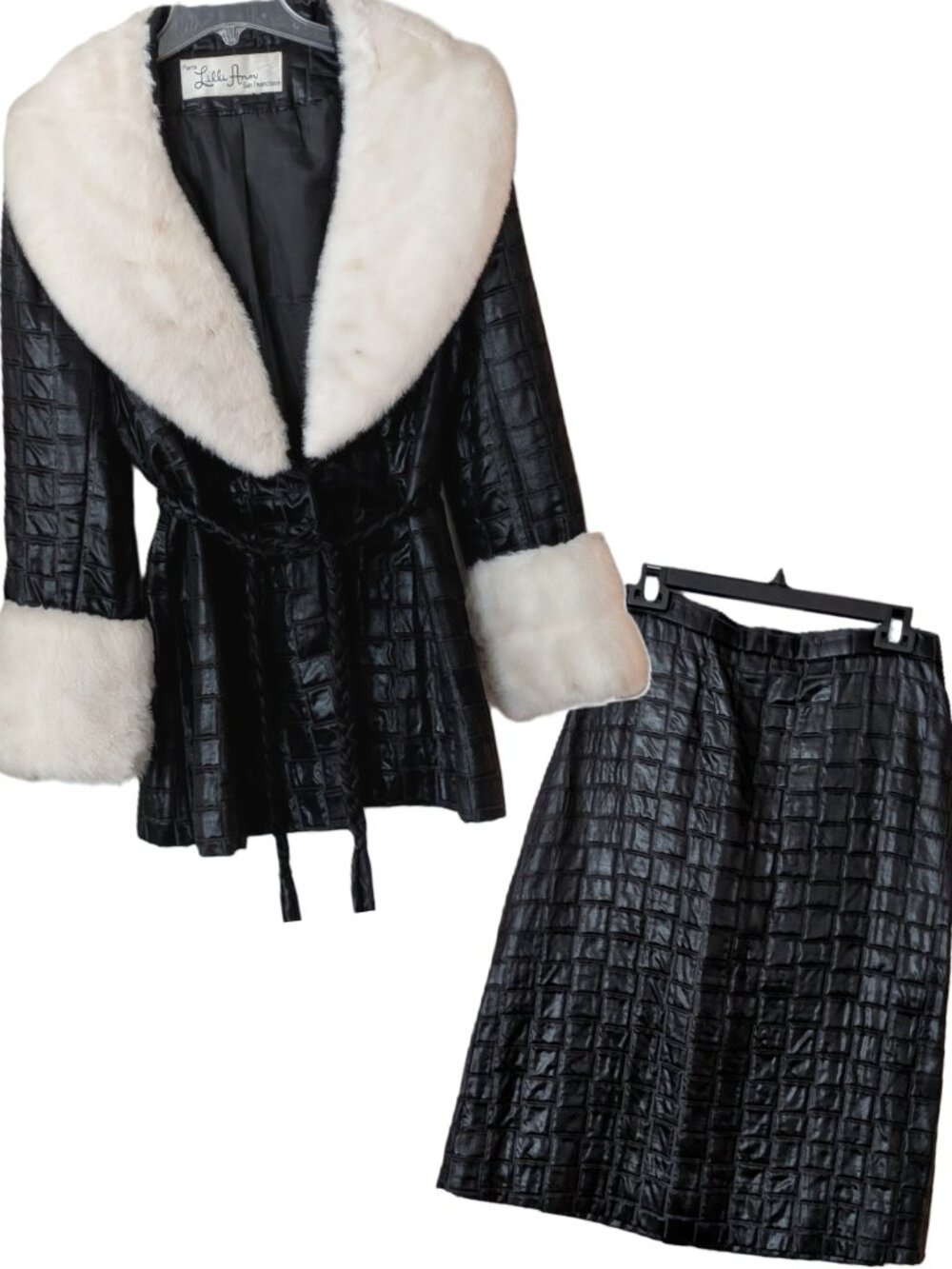 RARE Lilli Ann 2pc Silk Brocade Suit ARCTIC FOX Fur Crocodile Texture Deadstock